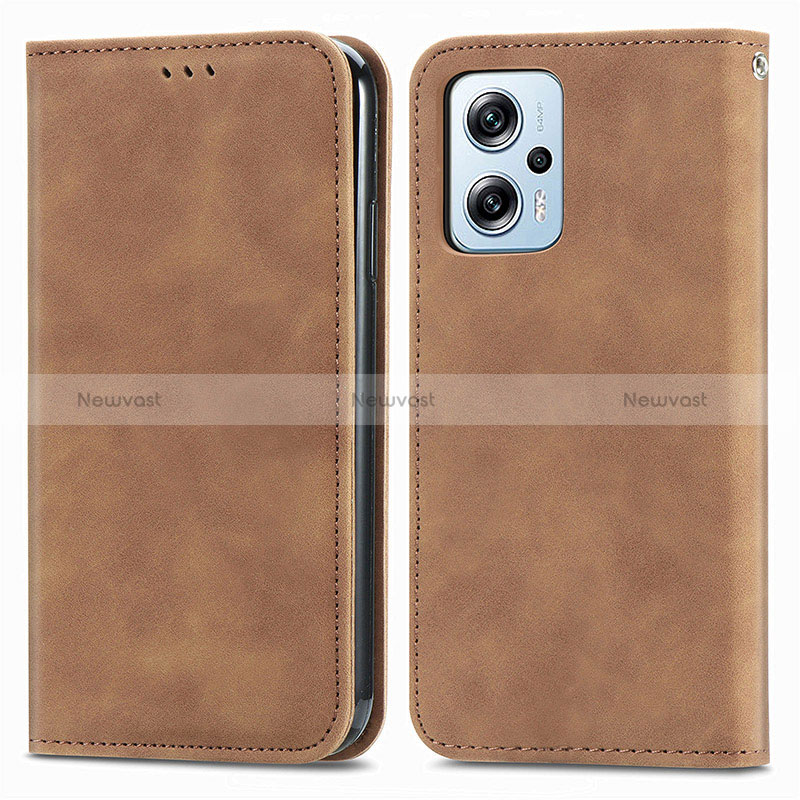 Leather Case Stands Flip Cover Holder S04D for Xiaomi Redmi Note 11T Pro+ Plus 5G Brown