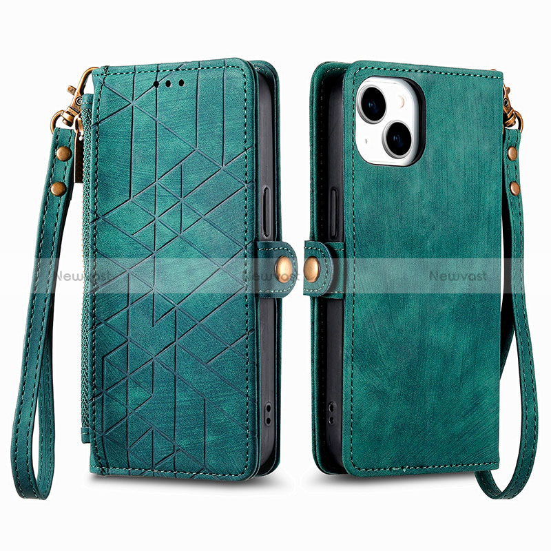 Leather Case Stands Flip Cover Holder S05D for Apple iPhone 15 Green