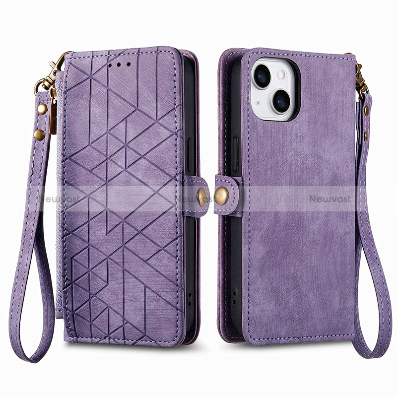 Leather Case Stands Flip Cover Holder S05D for Apple iPhone 15 Purple