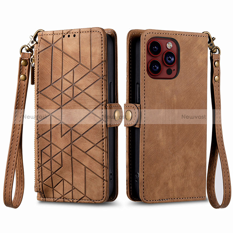 Leather Case Stands Flip Cover Holder S05D for Apple iPhone 16 Pro Brown