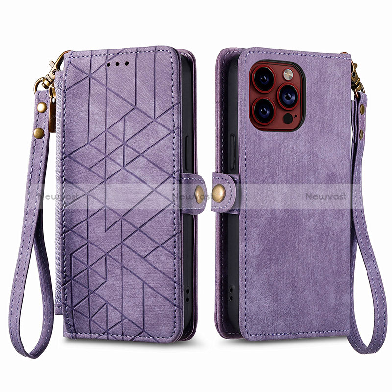 Leather Case Stands Flip Cover Holder S05D for Apple iPhone 16 Pro Max Purple