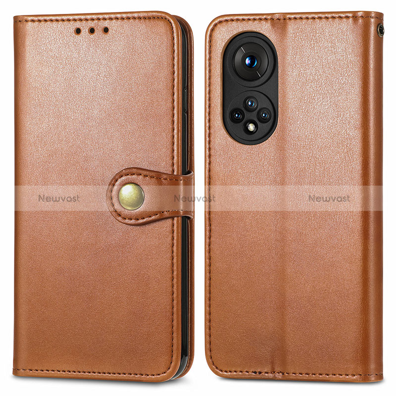 Leather Case Stands Flip Cover Holder S05D for Huawei Honor 50 Pro 5G Brown