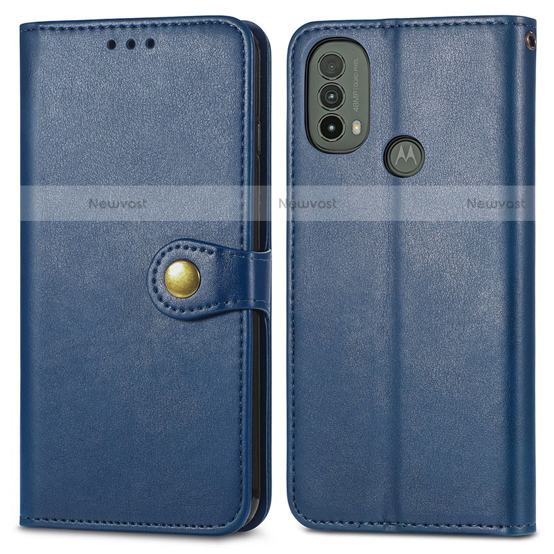 Leather Case Stands Flip Cover Holder S05D for Motorola Moto E30 Blue