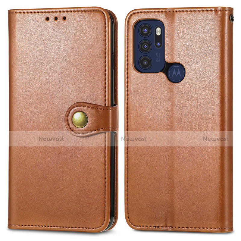 Leather Case Stands Flip Cover Holder S05D for Motorola Moto G60s Brown