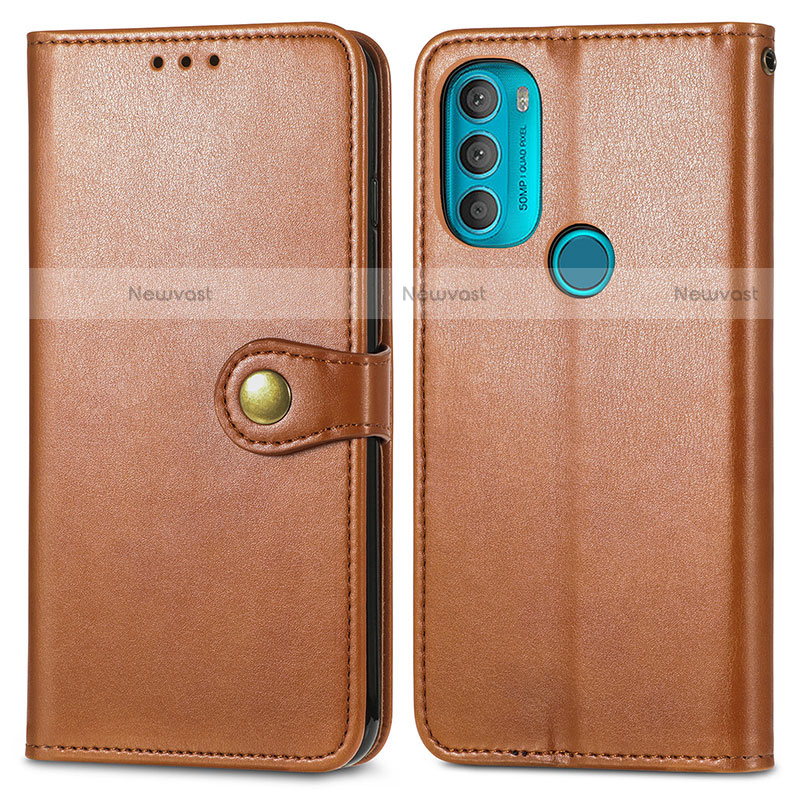 Leather Case Stands Flip Cover Holder S05D for Motorola Moto G71 5G Brown