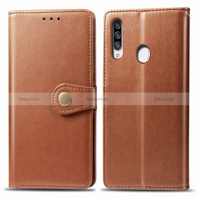 Leather Case Stands Flip Cover Holder S05D for Samsung Galaxy A20s Brown