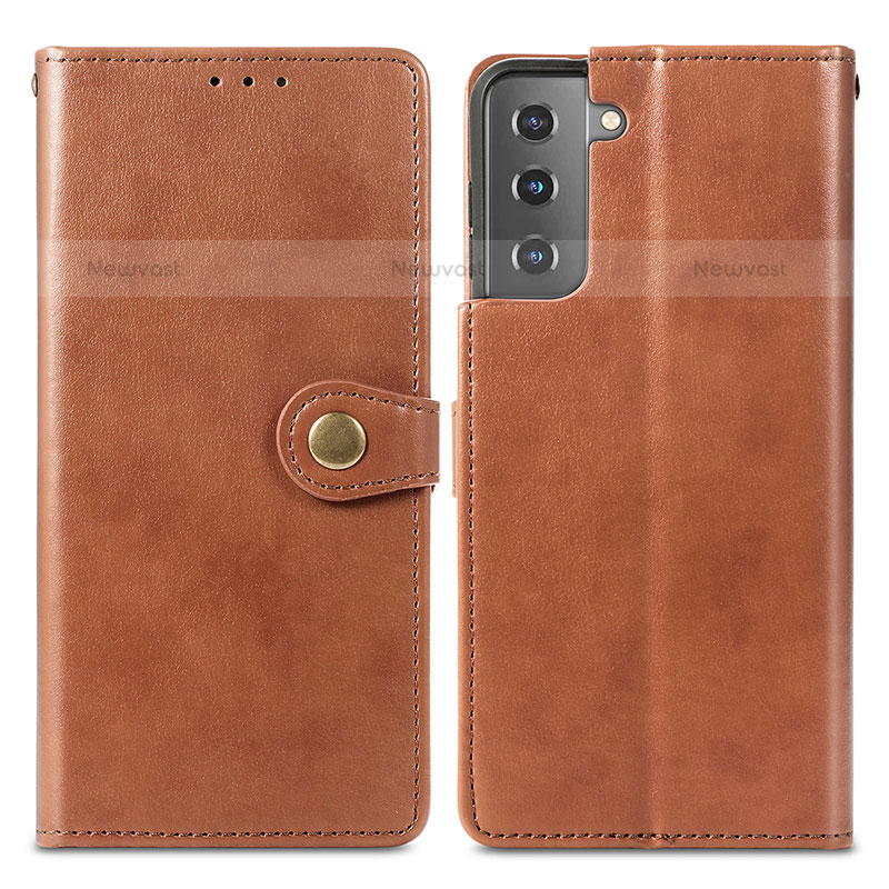 Leather Case Stands Flip Cover Holder S05D for Samsung Galaxy S21 Plus 5G Brown