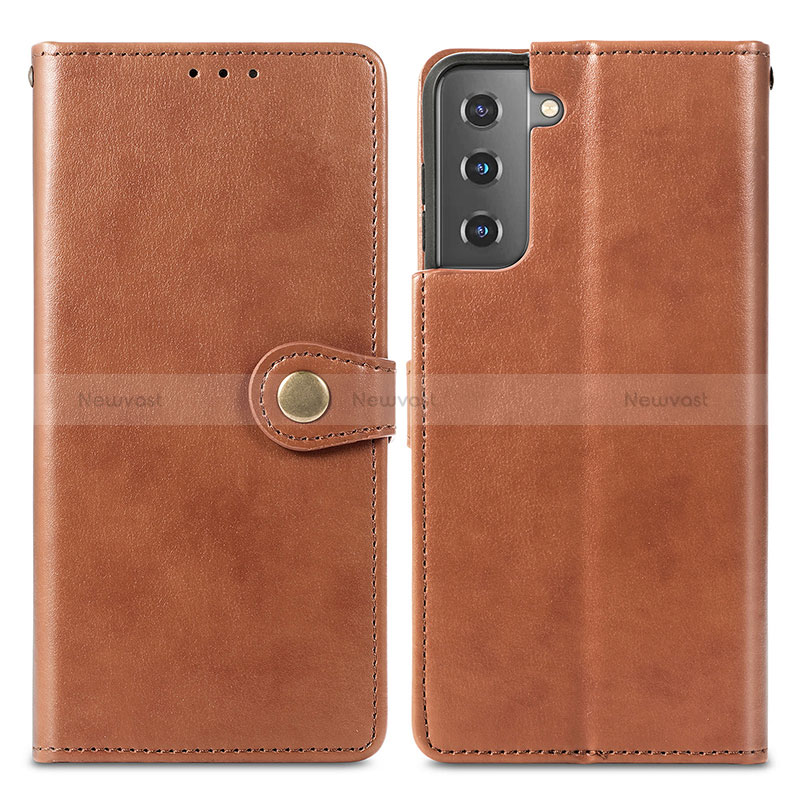 Leather Case Stands Flip Cover Holder S05D for Samsung Galaxy S22 Plus 5G Brown