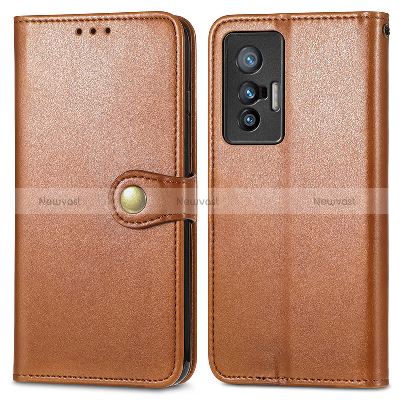 Leather Case Stands Flip Cover Holder S05D for Vivo X70 5G Brown