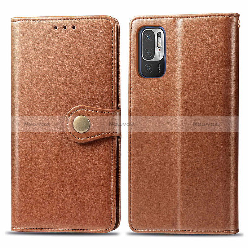 Leather Case Stands Flip Cover Holder S05D for Xiaomi Redmi Note 10 5G Brown