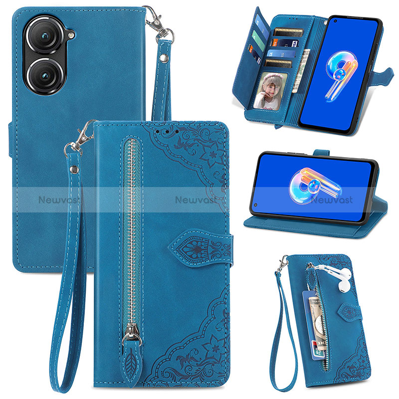 Leather Case Stands Flip Cover Holder S06D for Asus Zenfone 9 Blue