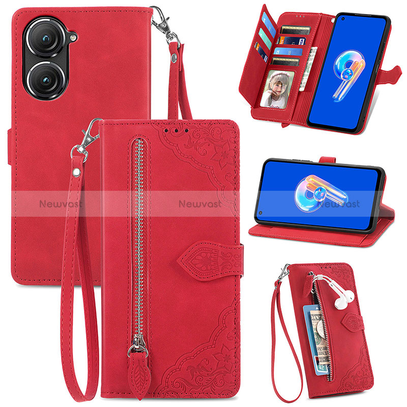 Leather Case Stands Flip Cover Holder S06D for Asus Zenfone 9 Red