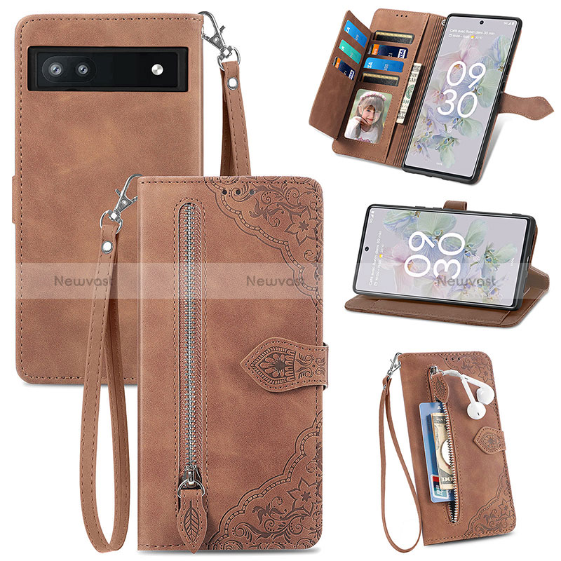 Leather Case Stands Flip Cover Holder S06D for Google Pixel 6a 5G Brown