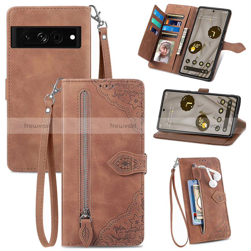 Leather Case Stands Flip Cover Holder S06D for Google Pixel 7a 5G Brown