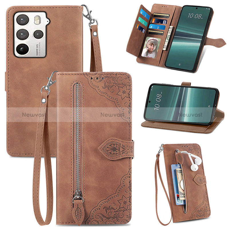 Leather Case Stands Flip Cover Holder S06D for HTC U23 5G Brown