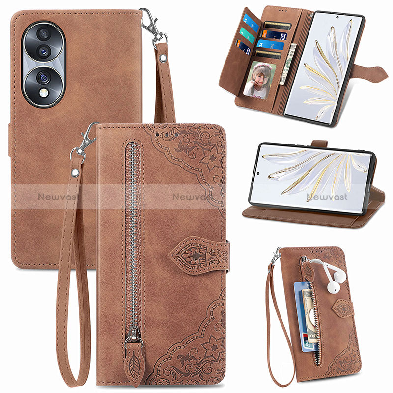 Leather Case Stands Flip Cover Holder S06D for Huawei Honor 70 5G Brown