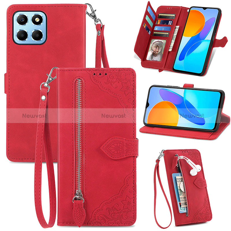 Leather Case Stands Flip Cover Holder S06D for Huawei Honor 70 Lite 5G Red