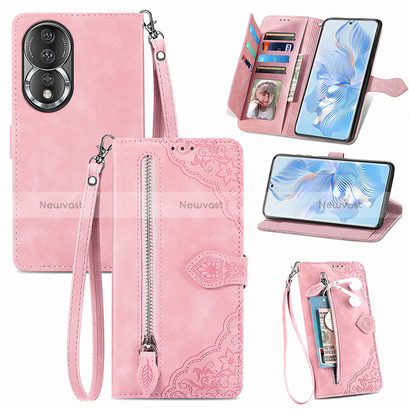 Leather Case Stands Flip Cover Holder S06D for Huawei Honor 80 5G Pink