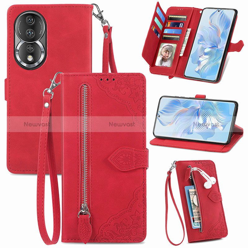 Leather Case Stands Flip Cover Holder S06D for Huawei Honor 80 5G Red