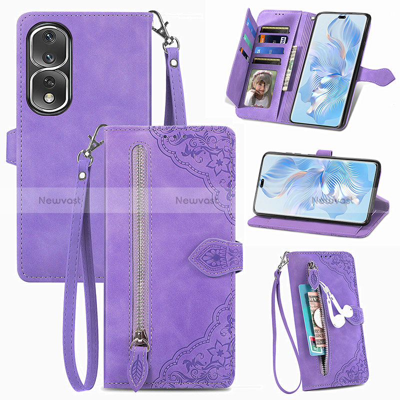 Leather Case Stands Flip Cover Holder S06D for Huawei Honor 80 Pro 5G Purple