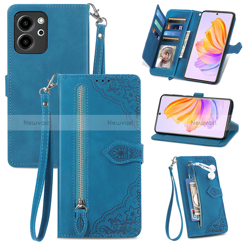 Leather Case Stands Flip Cover Holder S06D for Huawei Honor 80 SE 5G Blue