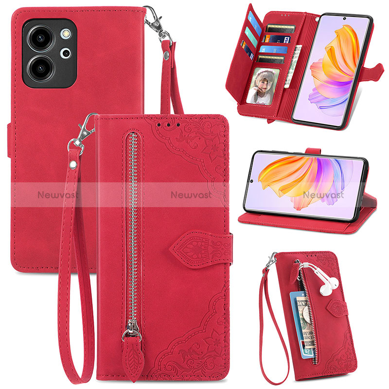 Leather Case Stands Flip Cover Holder S06D for Huawei Honor 80 SE 5G Red