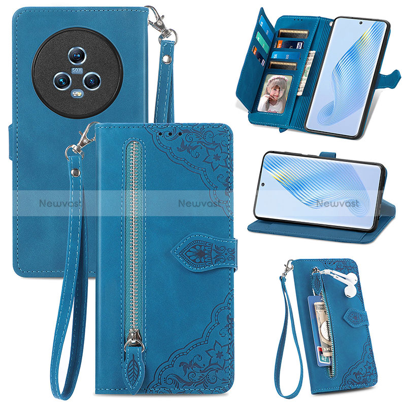 Leather Case Stands Flip Cover Holder S06D for Huawei Honor Magic5 5G Blue