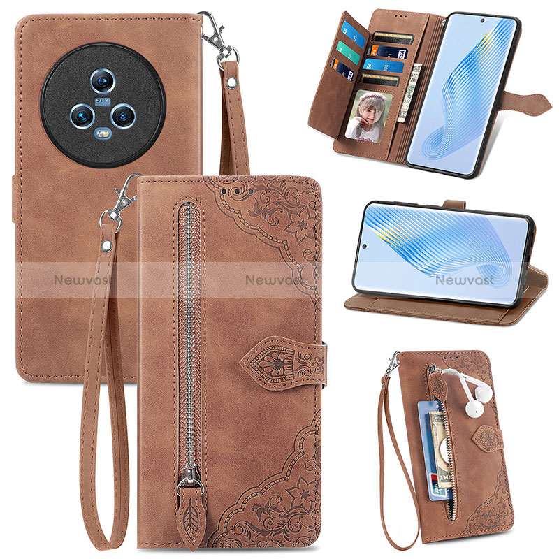 Leather Case Stands Flip Cover Holder S06D for Huawei Honor Magic5 5G Brown