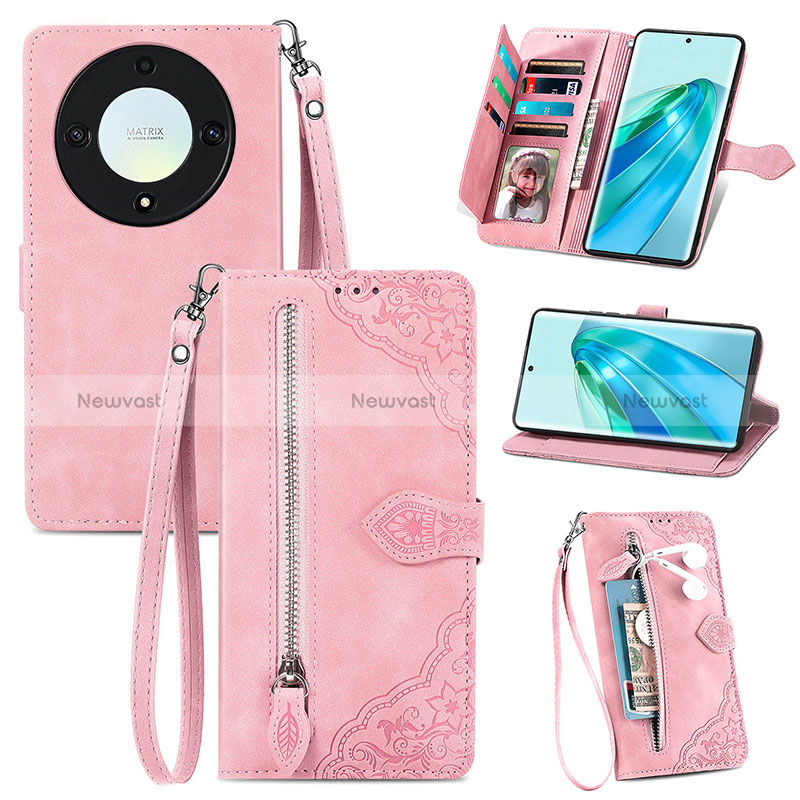 Leather Case Stands Flip Cover Holder S06D for Huawei Honor Magic5 Lite 5G Pink