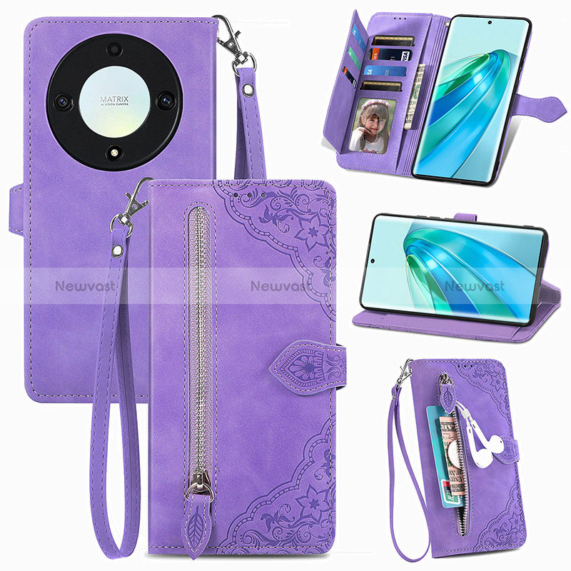 Leather Case Stands Flip Cover Holder S06D for Huawei Honor Magic5 Lite 5G Purple