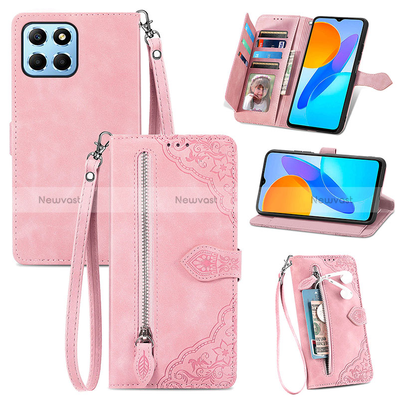 Leather Case Stands Flip Cover Holder S06D for Huawei Honor X6 5G Pink