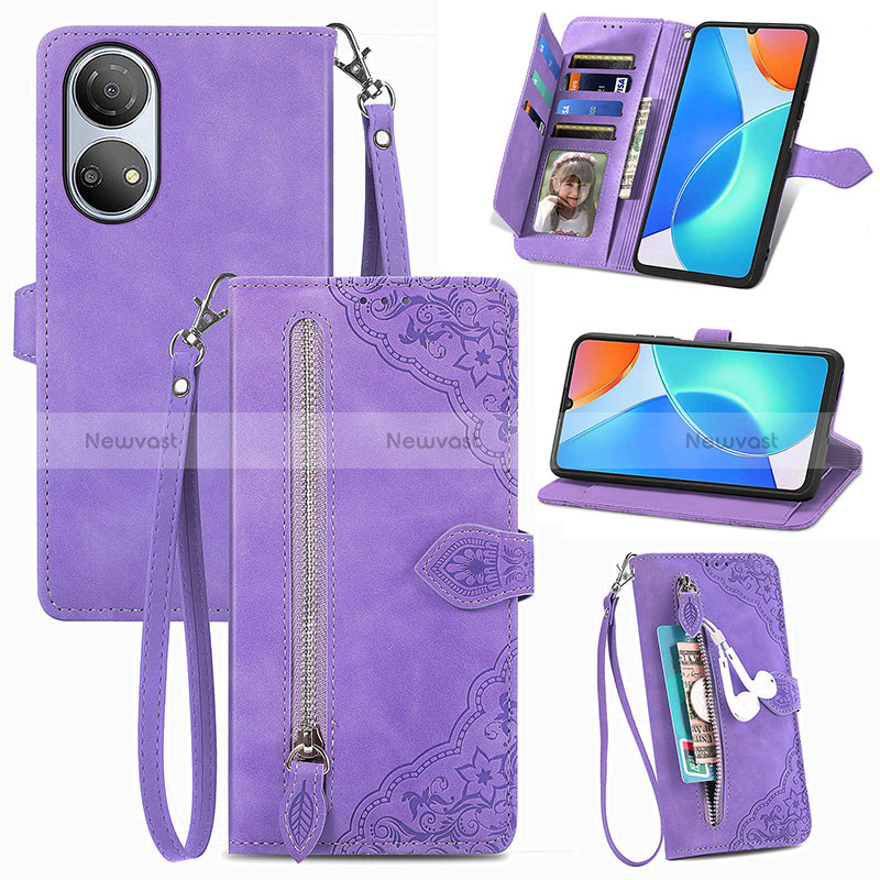 Leather Case Stands Flip Cover Holder S06D for Huawei Honor X7 Purple