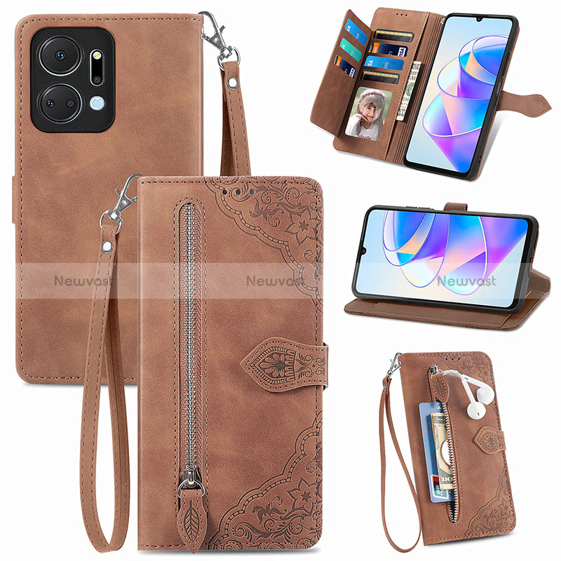 Leather Case Stands Flip Cover Holder S06D for Huawei Honor X7a Brown