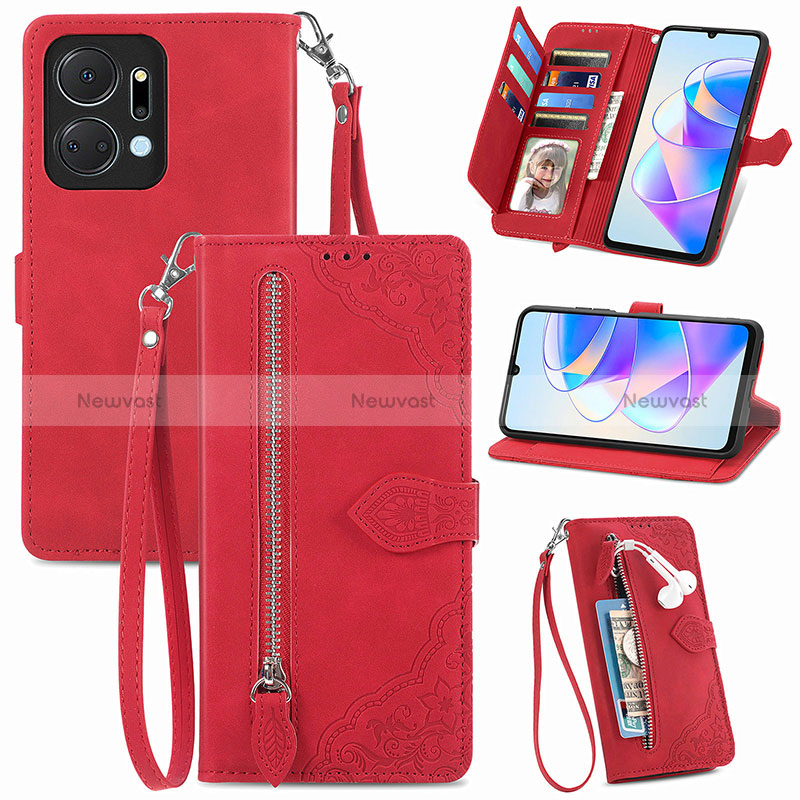 Leather Case Stands Flip Cover Holder S06D for Huawei Honor X7a Red