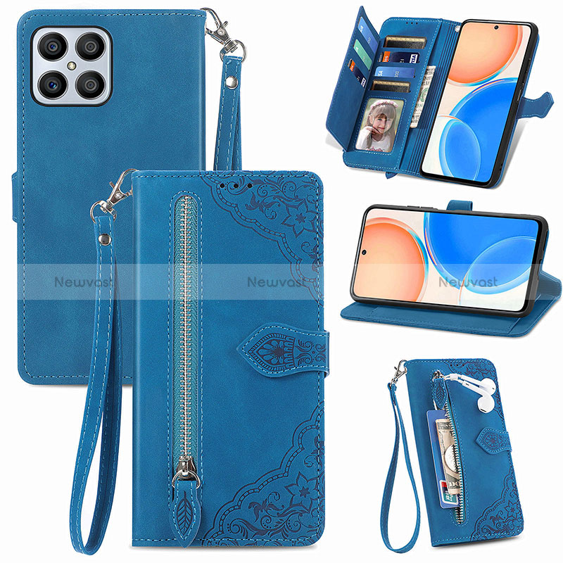 Leather Case Stands Flip Cover Holder S06D for Huawei Honor X8 4G Blue