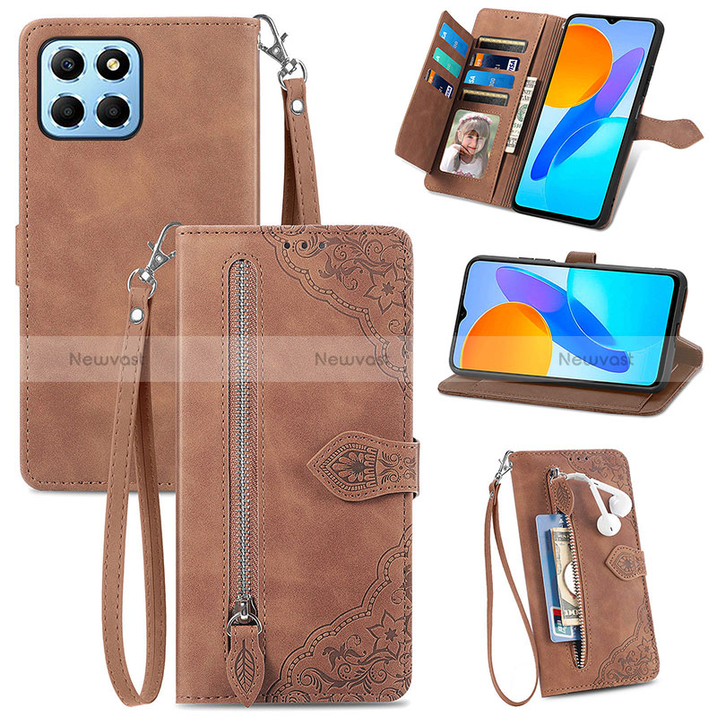 Leather Case Stands Flip Cover Holder S06D for Huawei Honor X8 5G Brown