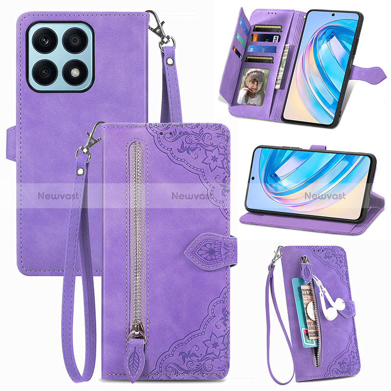 Leather Case Stands Flip Cover Holder S06D for Huawei Honor X8a 4G Purple