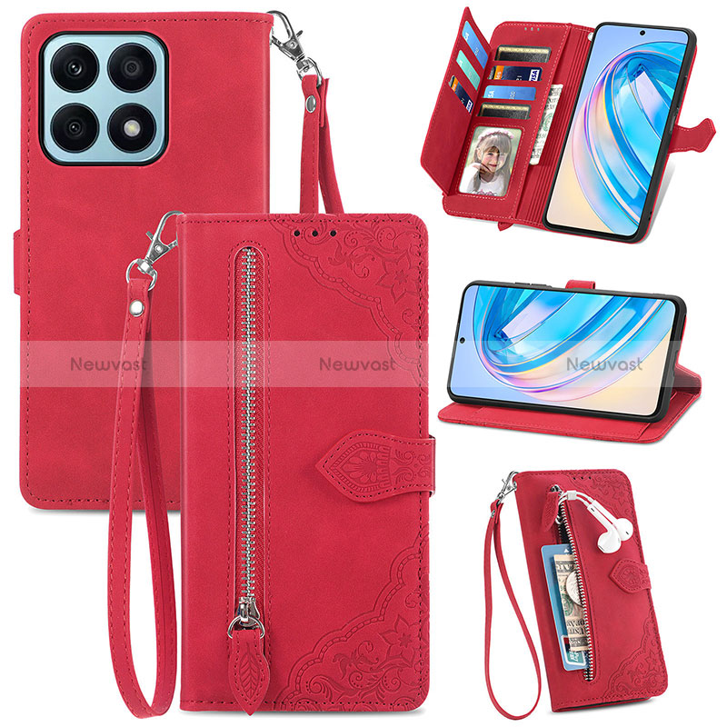 Leather Case Stands Flip Cover Holder S06D for Huawei Honor X8a 4G Red