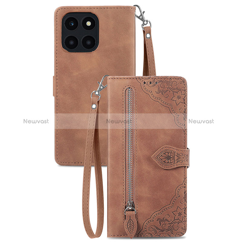 Leather Case Stands Flip Cover Holder S06D for Huawei Honor X8b Brown