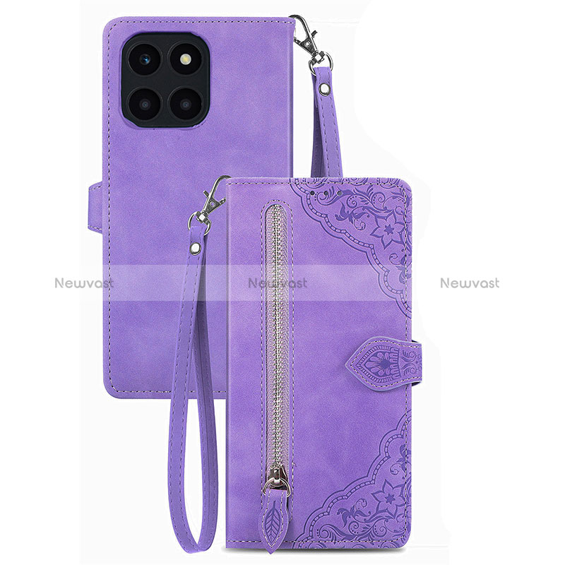 Leather Case Stands Flip Cover Holder S06D for Huawei Honor X8b Purple