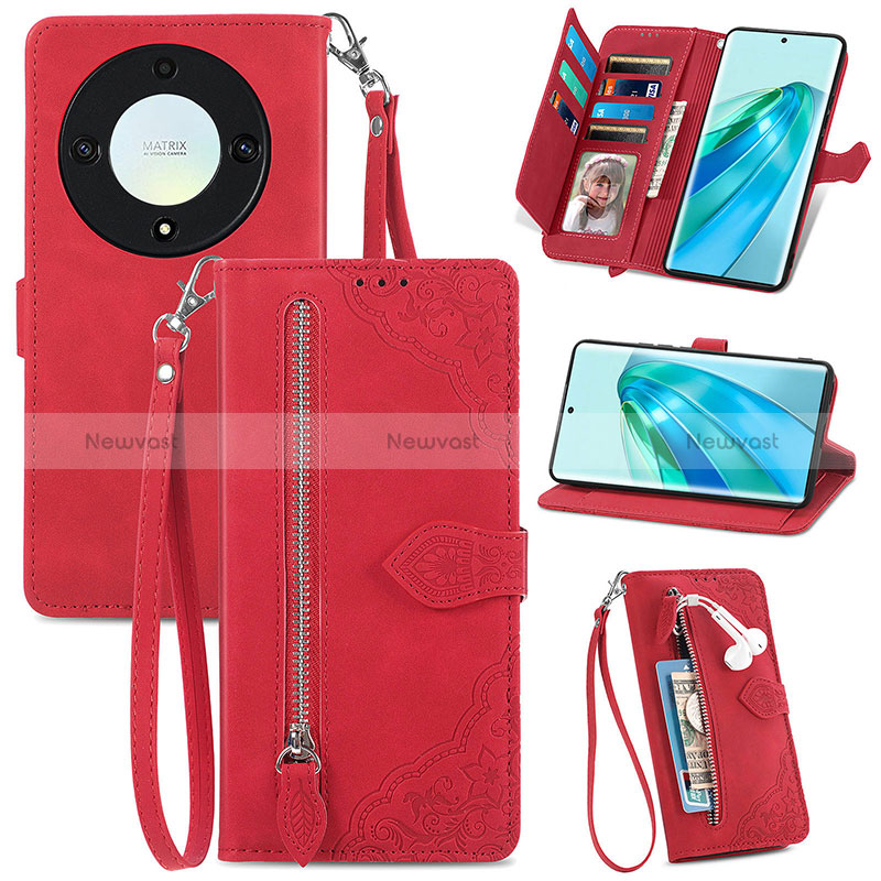 Leather Case Stands Flip Cover Holder S06D for Huawei Honor X9a 5G Red