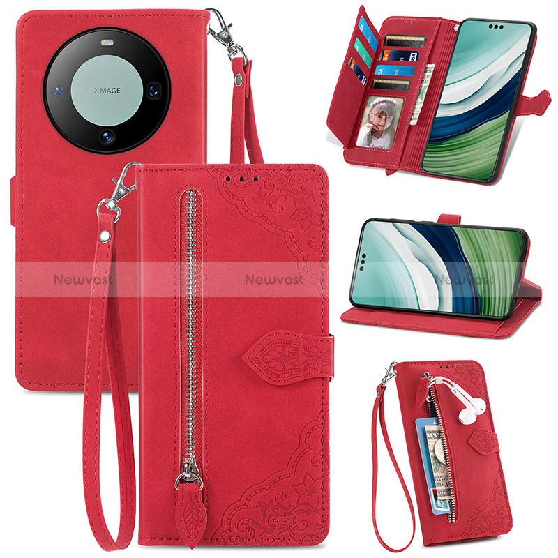 Leather Case Stands Flip Cover Holder S06D for Huawei Mate 60 Pro+ Plus Red