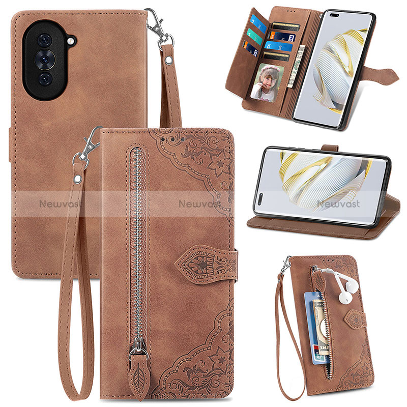 Leather Case Stands Flip Cover Holder S06D for Huawei Nova 10 Pro Brown