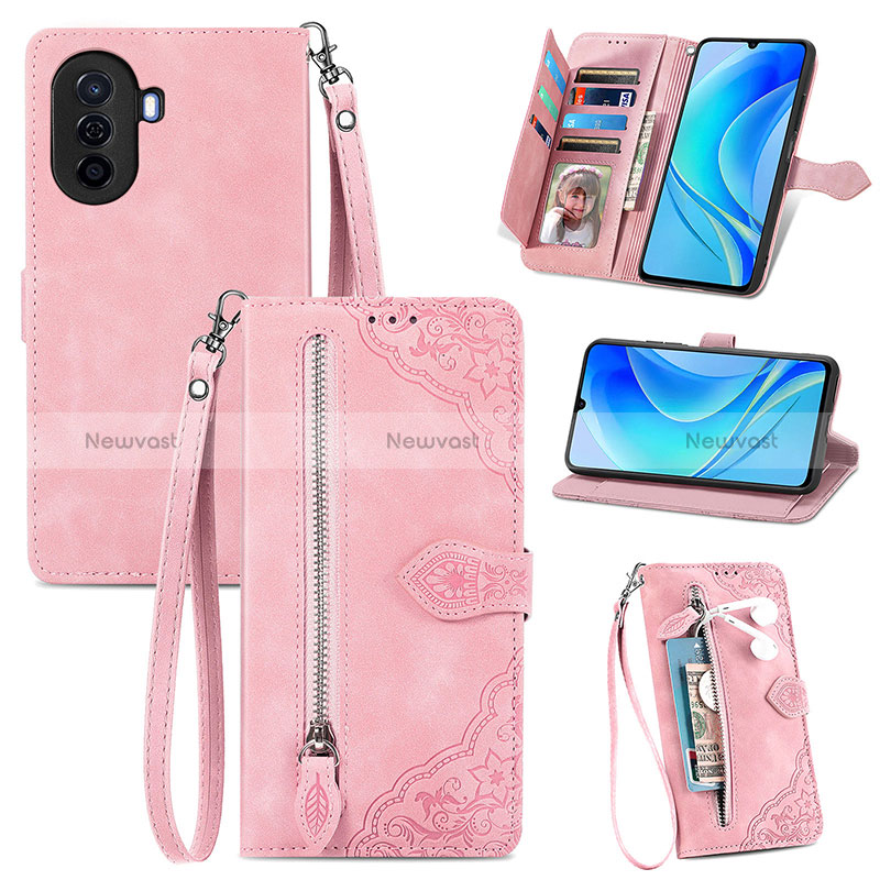 Leather Case Stands Flip Cover Holder S06D for Huawei Nova Y70 Pink