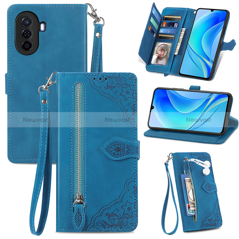 Leather Case Stands Flip Cover Holder S06D for Huawei Nova Y70 Plus Blue