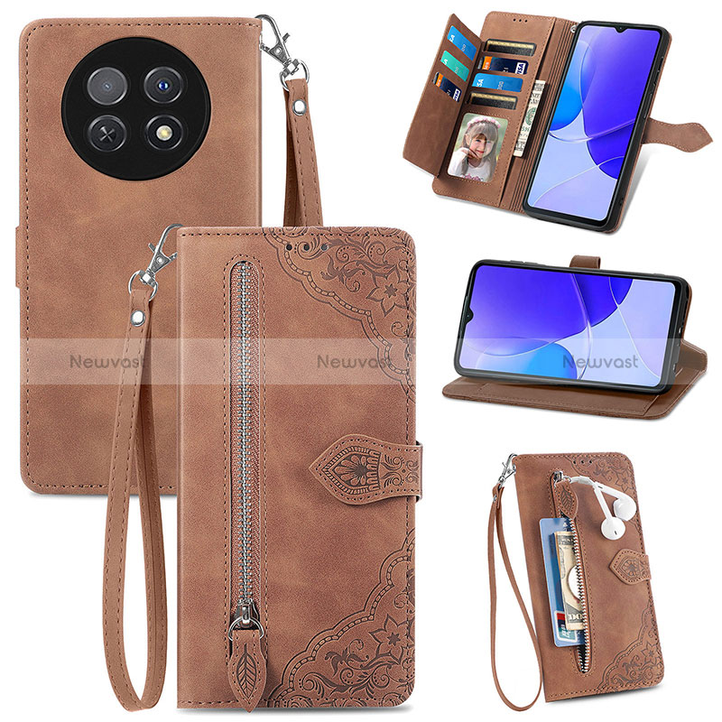 Leather Case Stands Flip Cover Holder S06D for Huawei Nova Y91 Brown