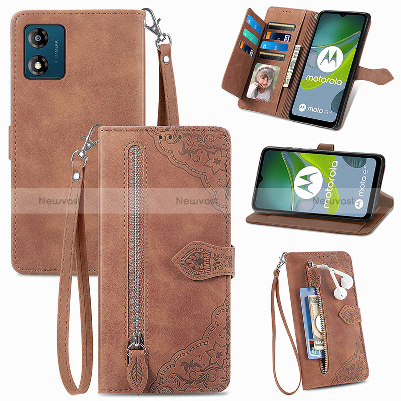 Leather Case Stands Flip Cover Holder S06D for Motorola Moto E13 Brown