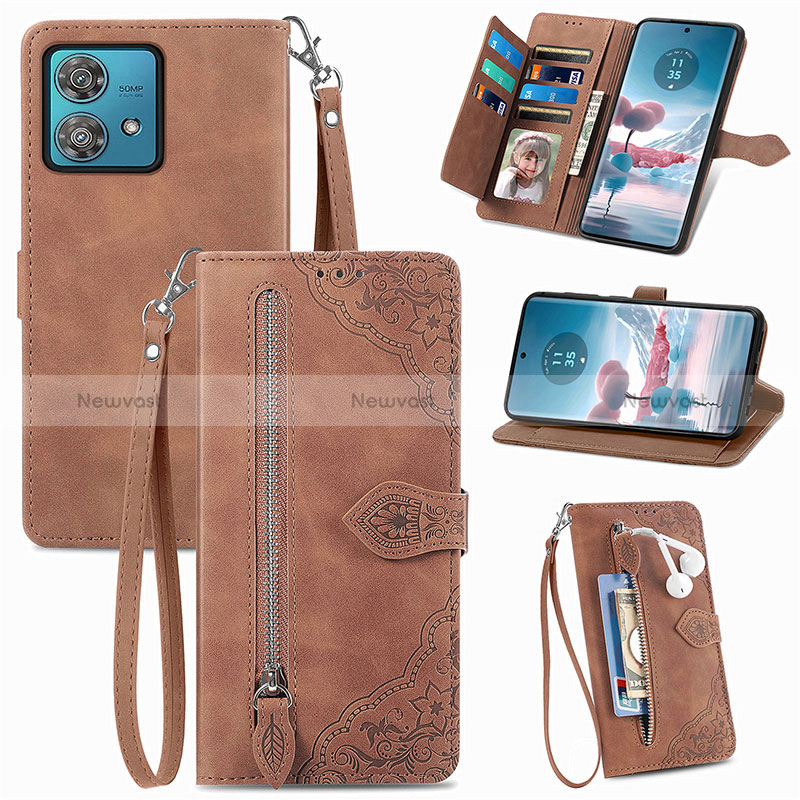 Leather Case Stands Flip Cover Holder S06D for Motorola Moto Edge 40 Neo 5G Brown