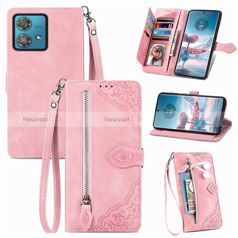 Leather Case Stands Flip Cover Holder S06D for Motorola Moto Edge 40 Neo 5G Pink