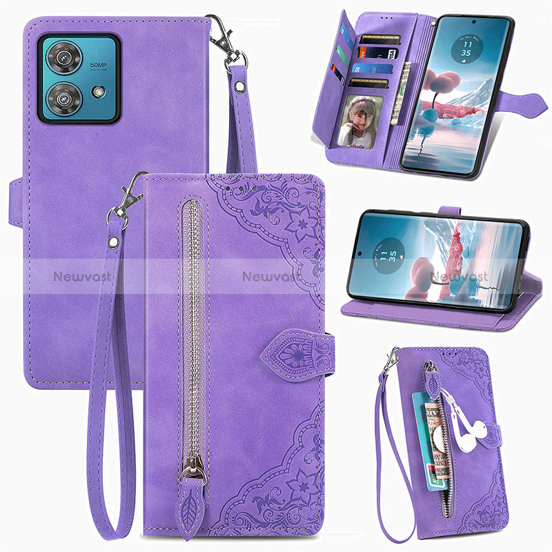 Leather Case Stands Flip Cover Holder S06D for Motorola Moto Edge 40 Neo 5G Purple